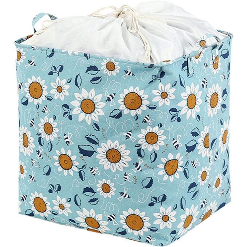 Cos depozitare, capac cu snur, 175 l, confectionat din bumbac si un strat impermeabil, 50 x 50 x 70 cm, albastru deschis, imprimeu flori [6]