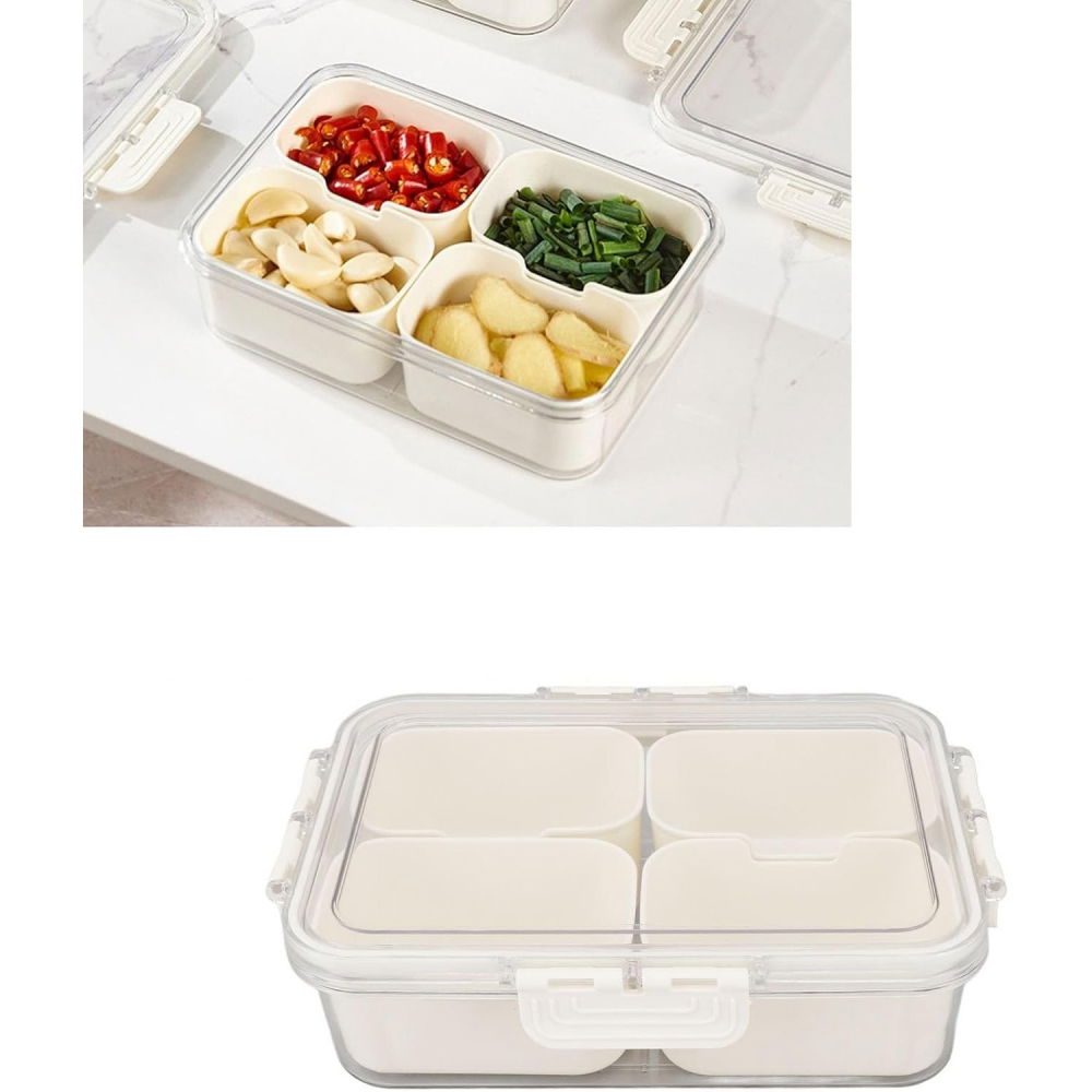 Cutie alimentara multifunctionala, pentru condimente, gustari,  inchidere etans, cu capac si maner, 4 compartimente, 25 x 8 x 18 cm, alb [2]