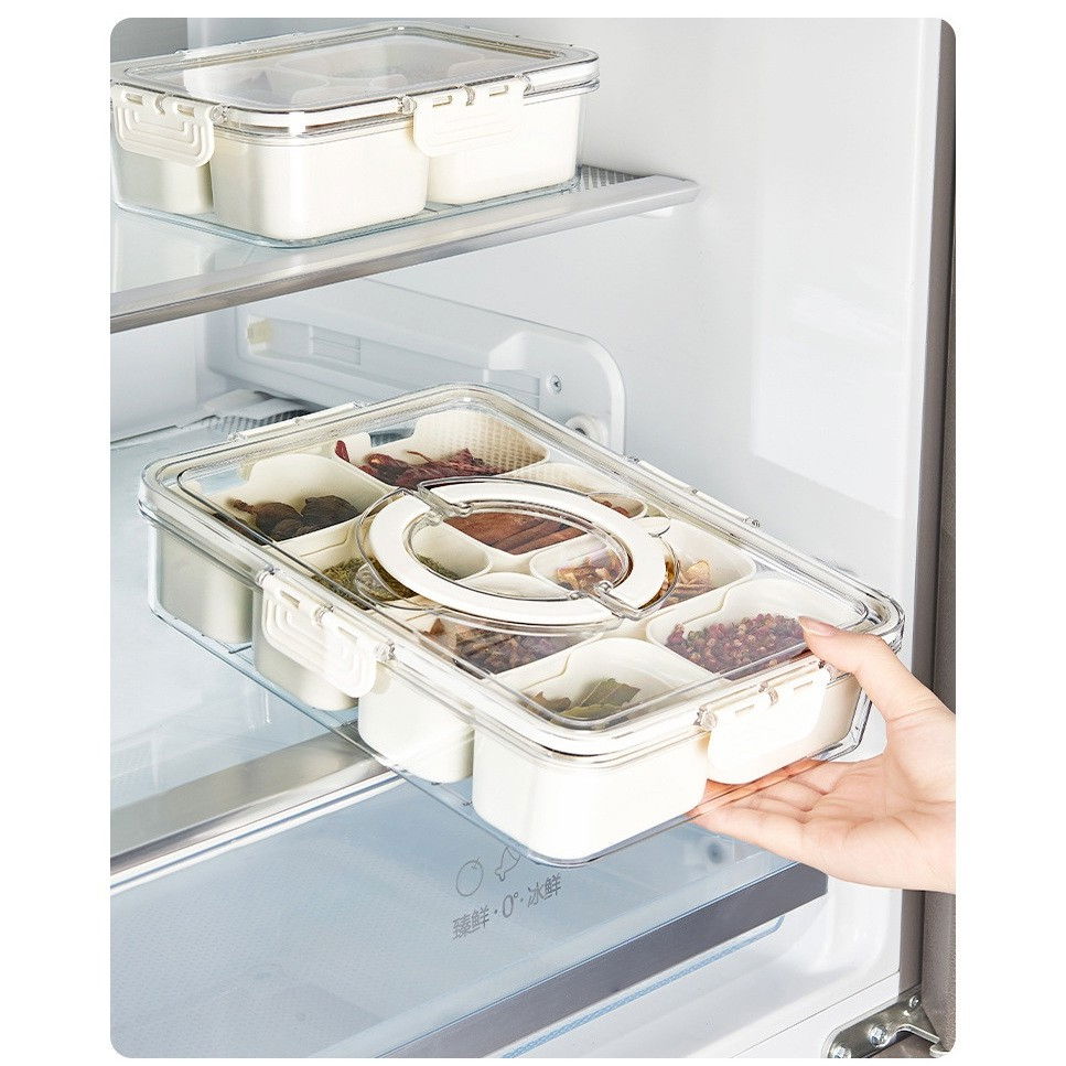 Cutie alimentara multifunctionala, pentru condimente, gustari,  inchidere etans, cu capac si maner, 8 compartimente, 32 x 8 x 25 cm, alb [5]