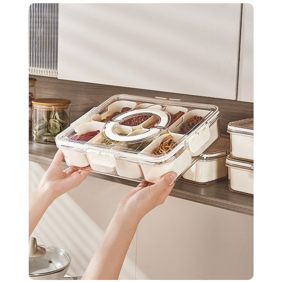 Cutie alimentara multifunctionala, pentru condimente, gustari,  inchidere etans, cu capac si maner, 8 compartimente, 32 x 8 x 25 cm, alb [3]