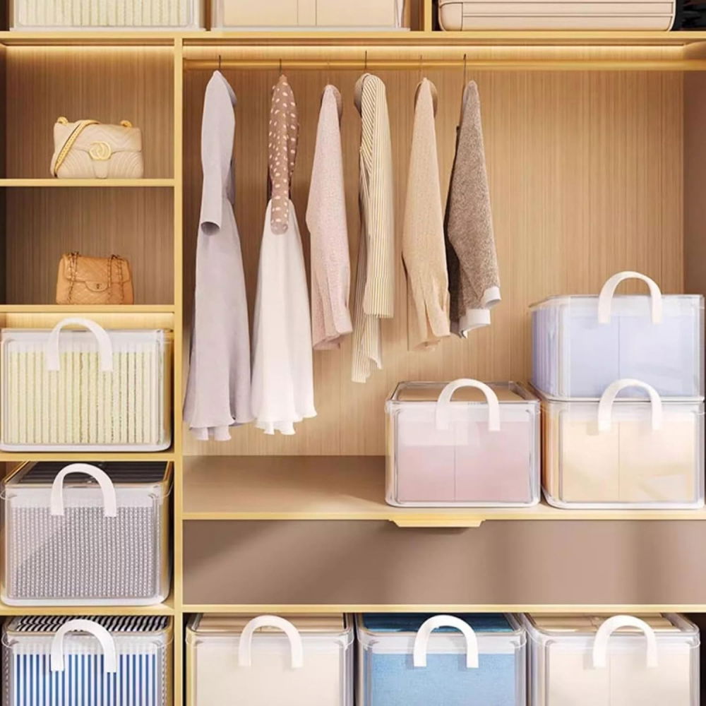 Cutie container de depozitare din pvc, de stocare, dimensiuni multiple, accesoriu robust pentru organizarea de uz casnic, volum 26l, 47 x 28 x 20 cm, transparenta [3]