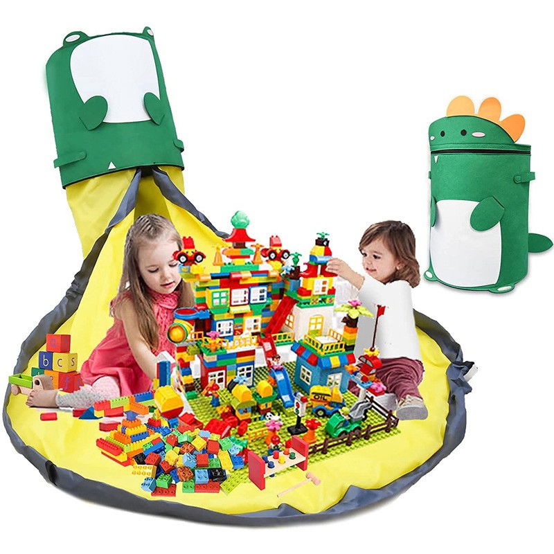 Cutie de depozitare 2in1, impermeabila, covor pentru jucarii si lego 150cm, capacitate mare, cu manere, cu sfori, inaltime 40cm, model dinozaur, verde [4]
