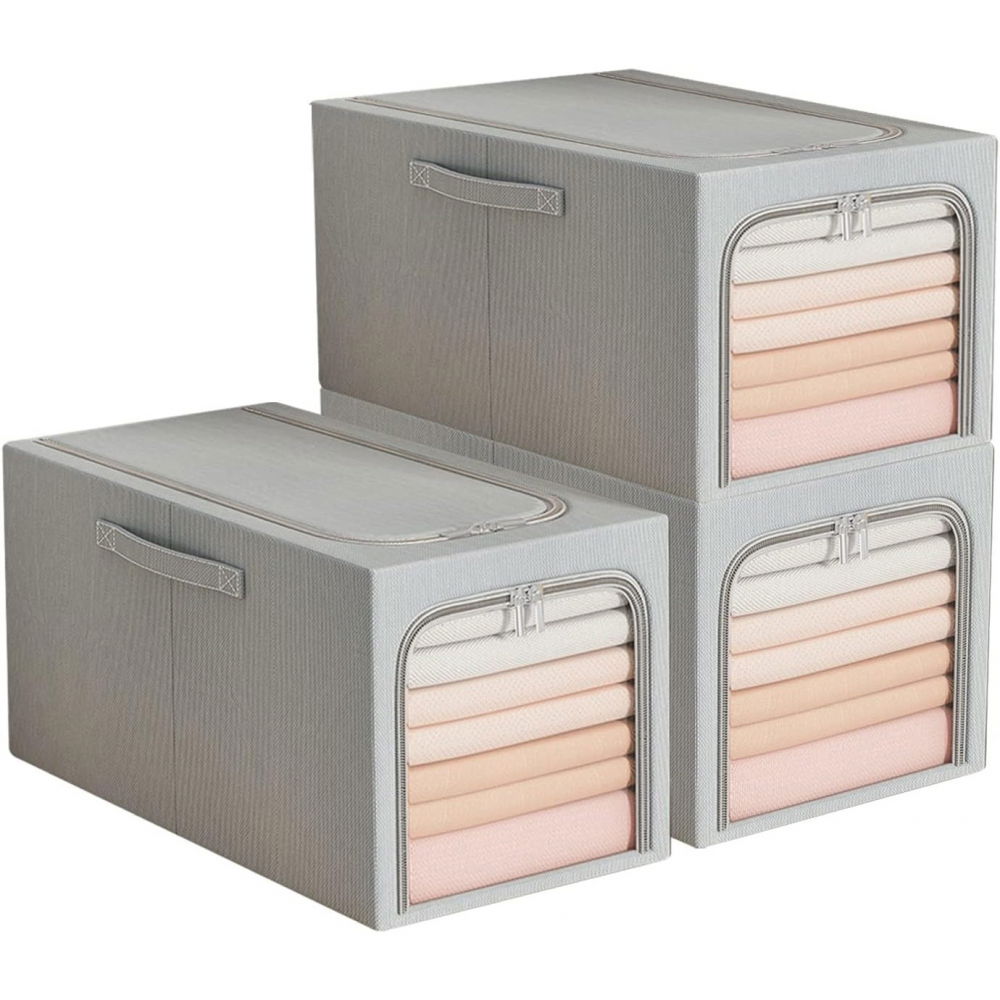 Cutie de depozitare, 49l, din in si bumbac, pliabila, cadru din otel, 47 x 35 x 30 cm, albastru fumuriu [3]