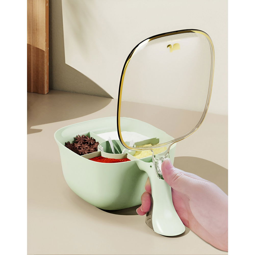 Cutie de depozitare a condimentelor, de uz casnic, cu maner stabil, cu capac, 4 compartimente principale, 21 x 14 x 10 cm, verde [4]