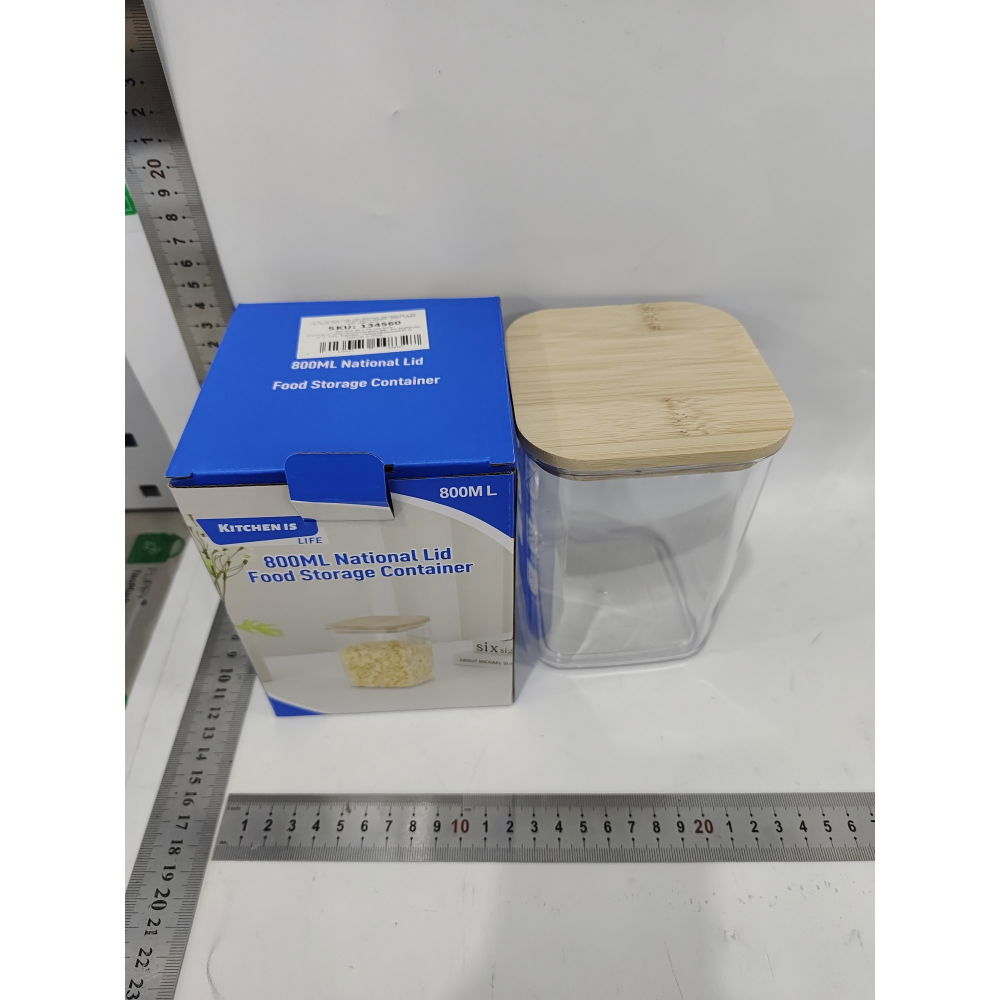 Cutie de depozitare alimente, cutie de tip container, cutie pentru cereale, din plastic, capac din bambuc, 10 x 10 x 14 cm, volum 0.8 l, transparent [5]