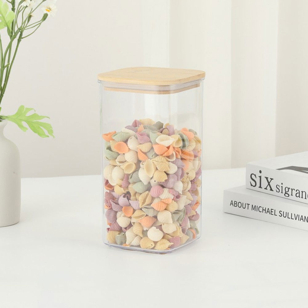 Cutie de depozitare alimente, cutie de tip container, cutie pentru cereale, din plastic, capac din bambuc, 10 x 10 x 19 cm, volum 1.2l, transparent [2]