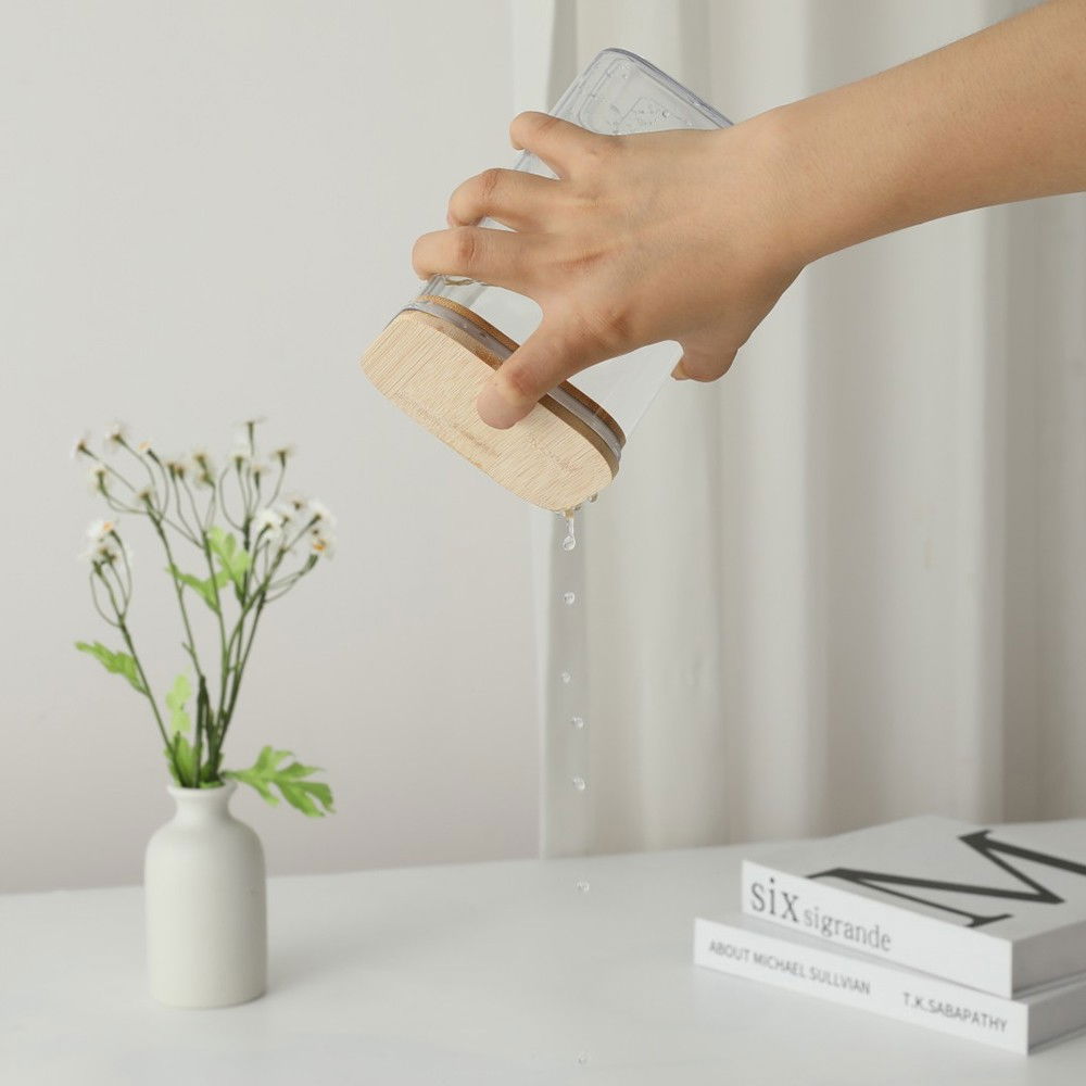 Cutie de depozitare alimente, cutie de tip container, cutie pentru cereale, din plastic, capac din bambuc, 10 x 10 x 19 cm, volum 1.2l, transparent [3]