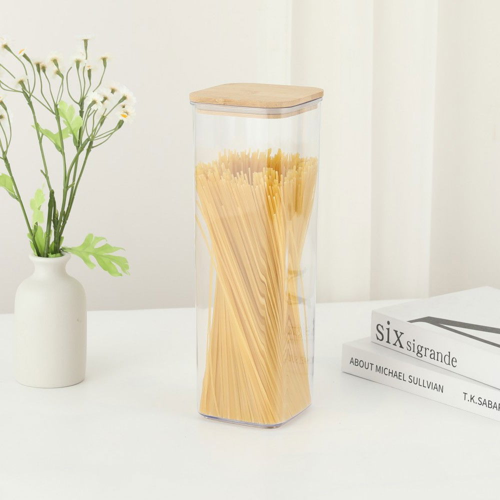 Cutie de depozitare alimente, cutie de tip container, cutie pentru cereale, din plastic, capac din bambuc, 10 x 10 x 30 cm, volum 1.9 l, transparent [2]