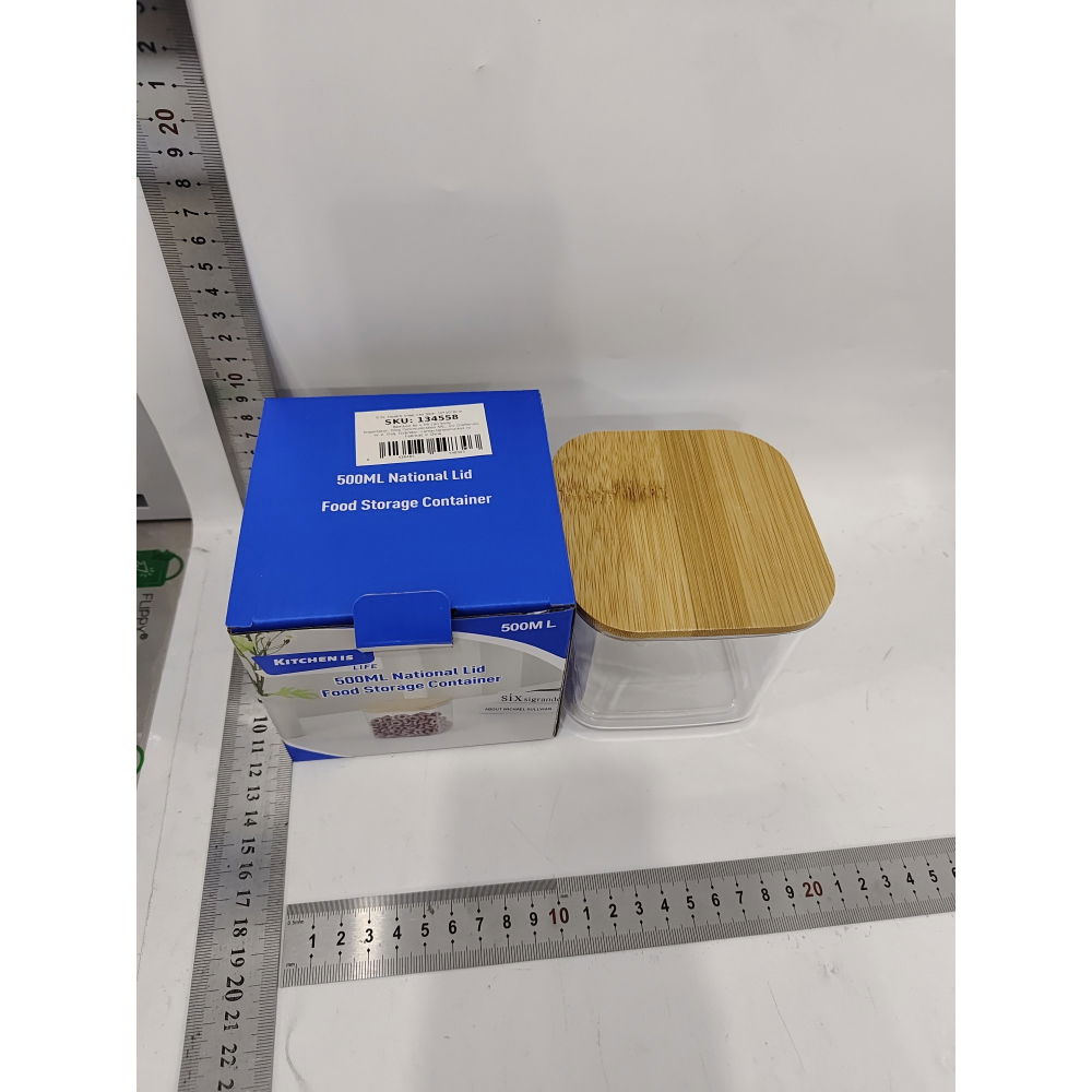 Cutie de depozitare alimente, cutie de tip container, cutie pentru cereale, din plastic, capac din bambuc, 10 x 10 x 8 cm, volum 0.5 l, transparenta [5]