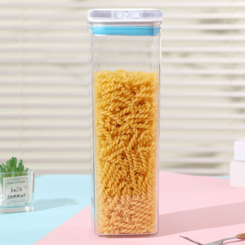 Cutie de depozitare alimente, tip container, 1.9l, 10x10x30.5 cm, recipiente pentru cereale in bucatarie,  transparente cu capac alb-albastru [2]