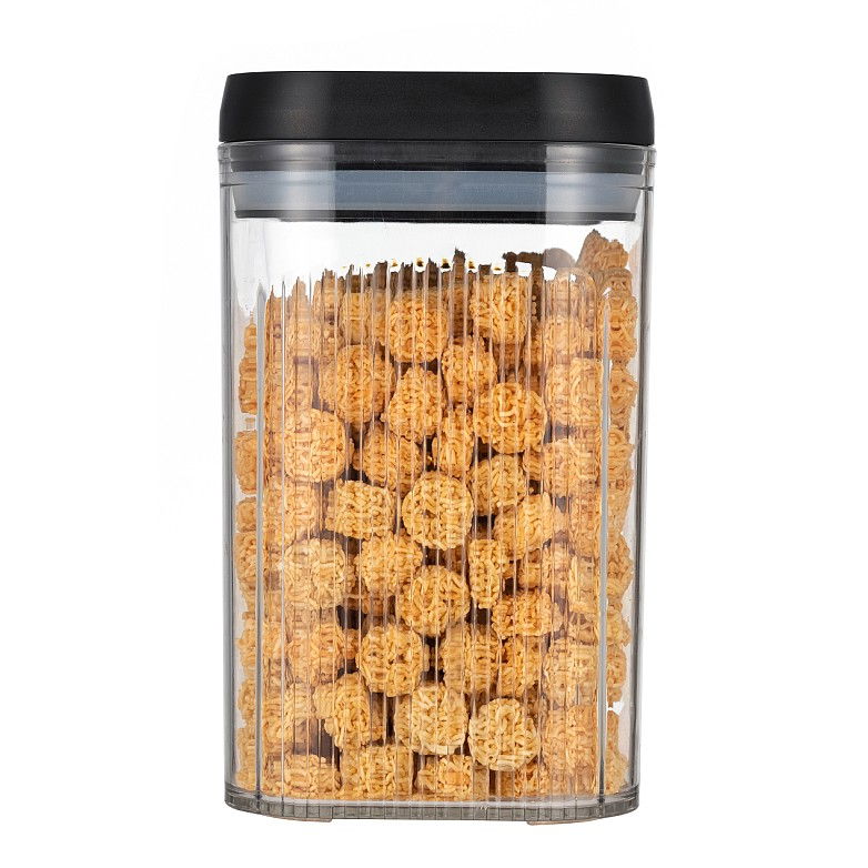 Cutie de depozitare alimente, tip container, 2l, recipiente pentru cereale in bucatarie,  transparente cu capac negru [1]