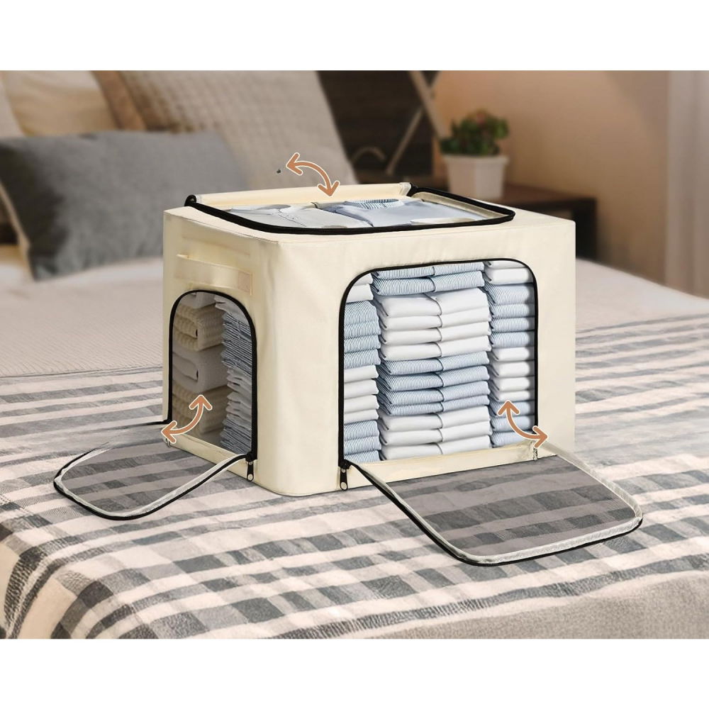 Cutie de depozitare, cu 3 ferestre cu fermoar bidirectional, cadru din otel, impermeabil, 38l, 42 x 30 x 30 cm, bej [3]