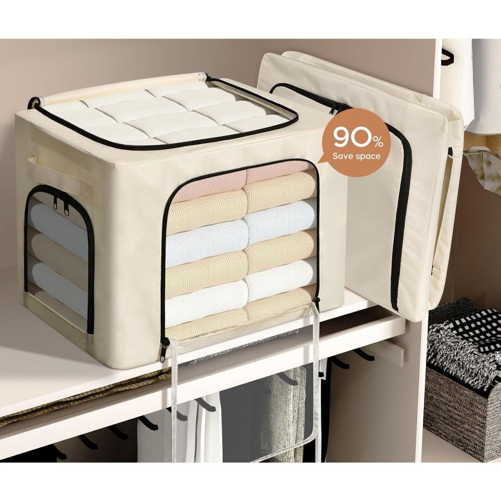 Cutie de depozitare, cu 3 ferestre cu fermoar bidirectional, cadru din otel, impermeabil, 38l, 42 x 30 x 30 cm, bej [4]