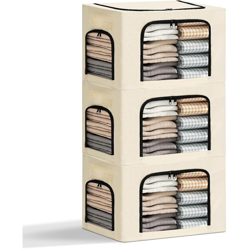 Cutie de depozitare, cu 3 ferestre cu fermoar bidirectional, cadru din otel, impermeabil, 38l, 42 x 30 x 30 cm, bej [6]