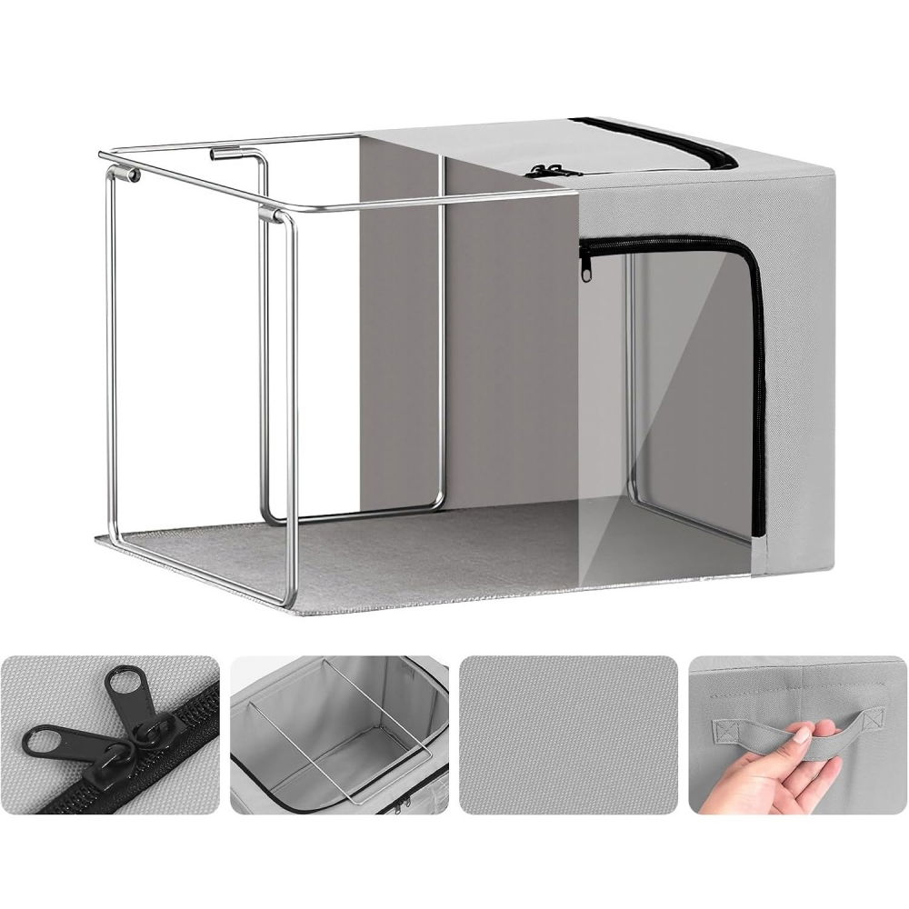 Cutie de depozitare, cu 3 ferestre cu fermoar bidirectional, cadru din otel, impermeabil, 38l, 42 x 30 x 30 cm, gri [4]