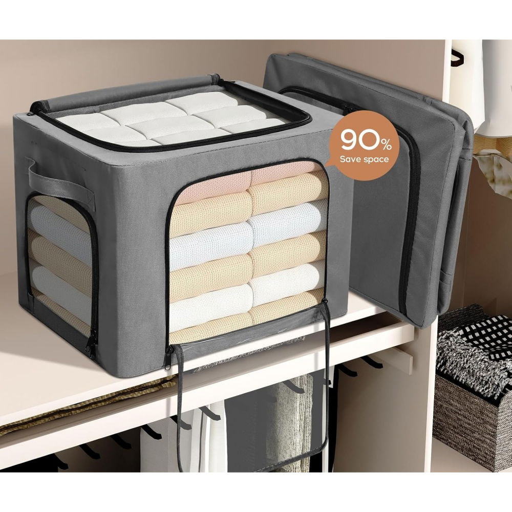 Cutie de depozitare, cu 3 ferestre cu fermoar bidirectional, cadru din otel, impermeabil, 38l, 42 x 30 x 30 cm, gri inchis [5]