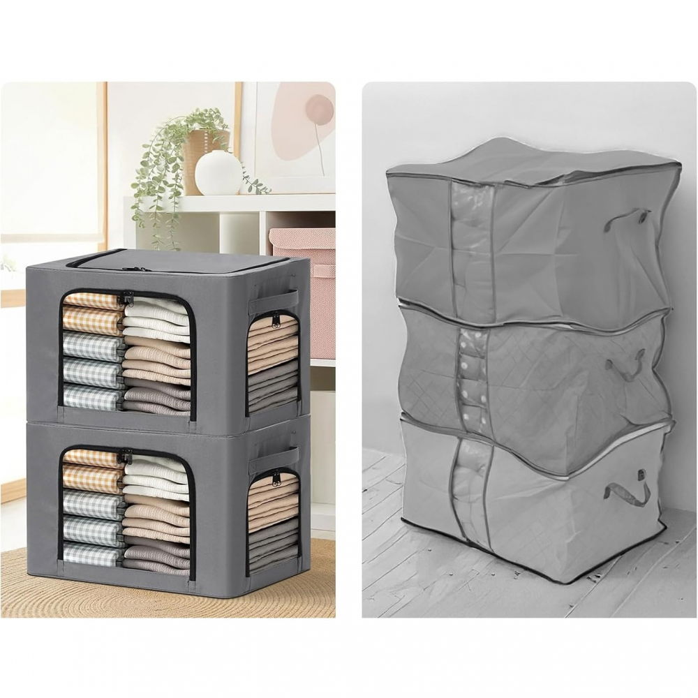 Cutie de depozitare, cu 3 ferestre cu fermoar bidirectional, cadru din otel, impermeabil, 38l, 42 x 30 x 30 cm, gri inchis [2]