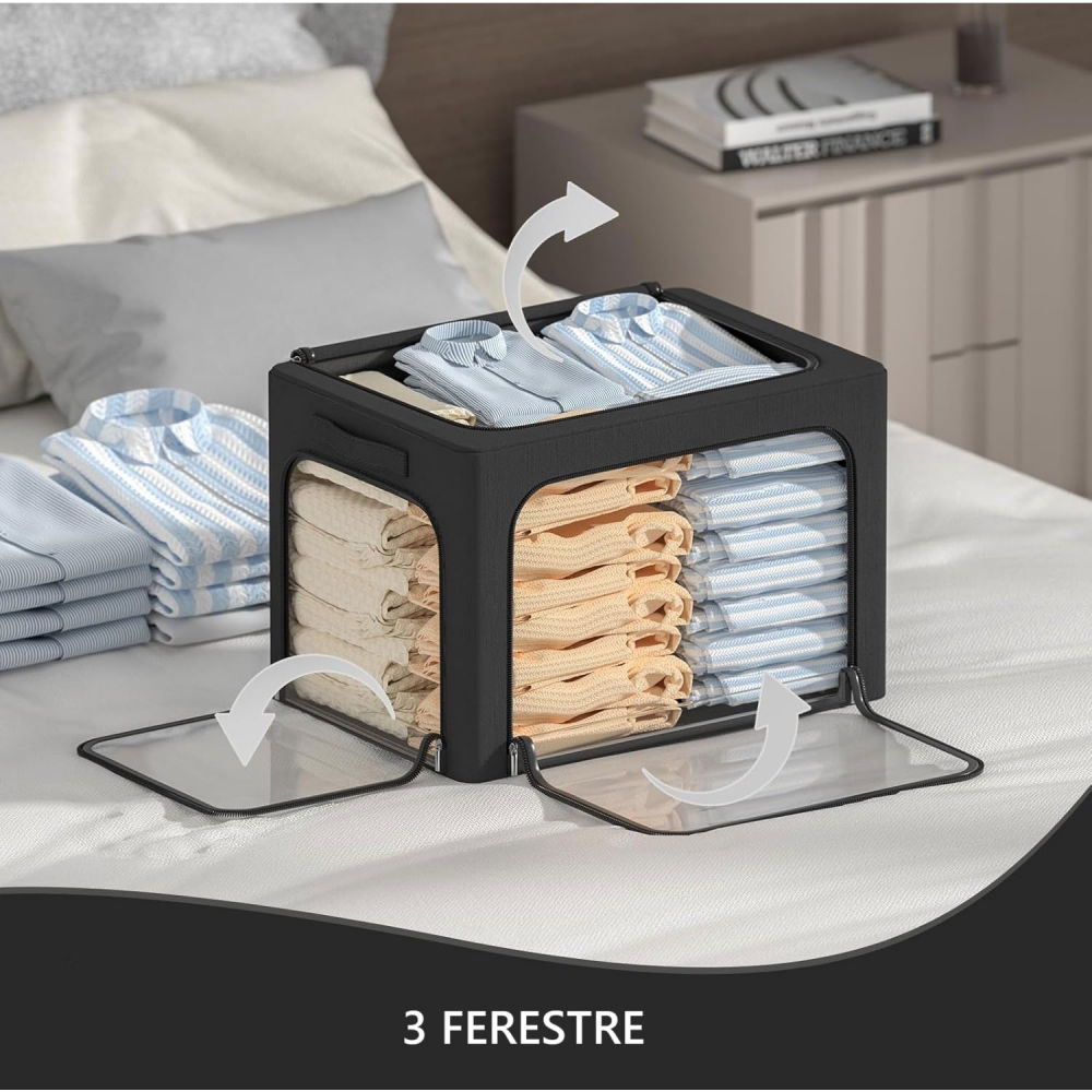 Cutie de depozitare, cu 3 ferestre cu fermoar bidirectional, cadru din otel, impermeabil, 38l, 42 x 30 x 30 cm, negru [3]