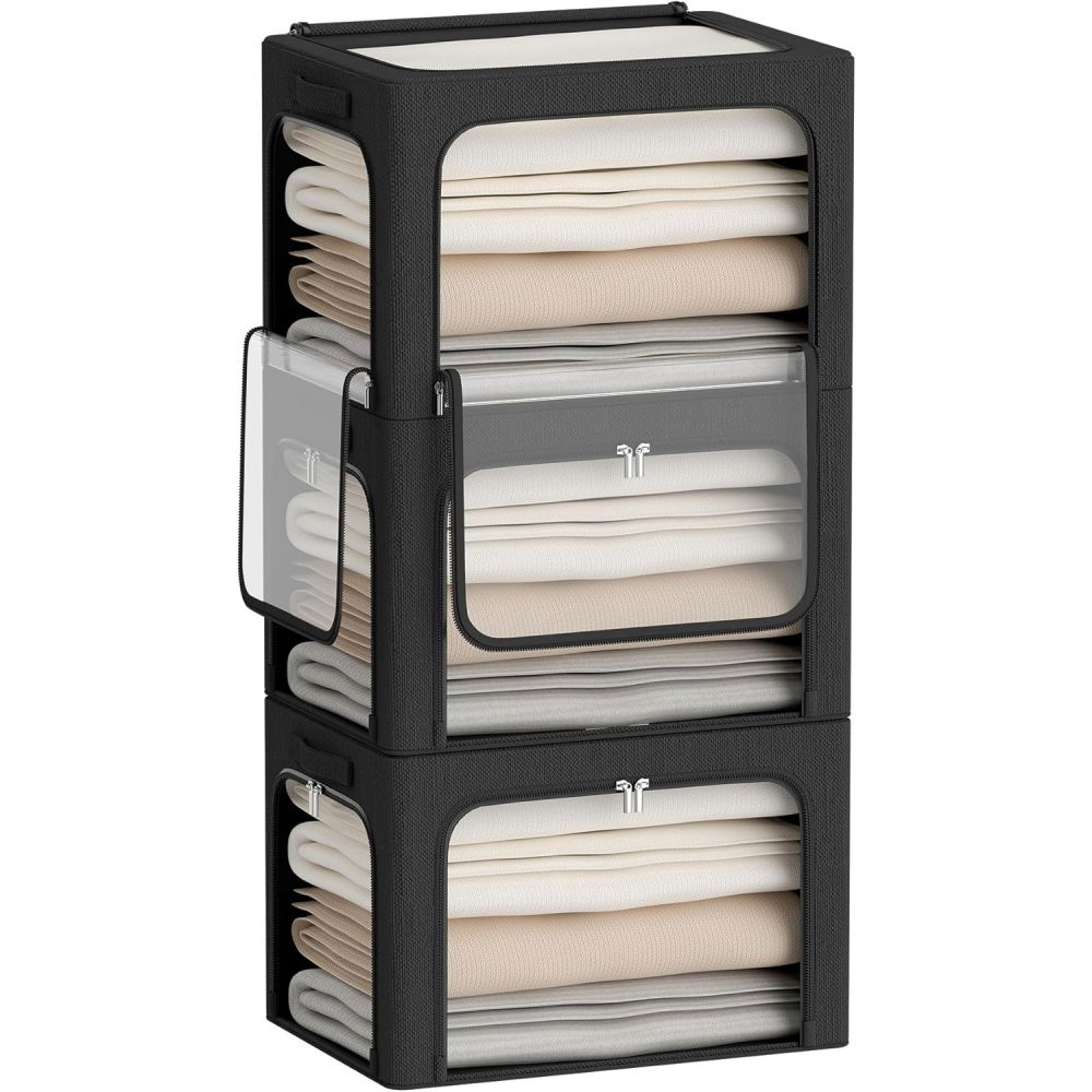 Cutie de depozitare, cu 3 ferestre cu fermoar bidirectional, cadru din otel, impermeabil, 38l, 42 x 30 x 30 cm, negru [5]