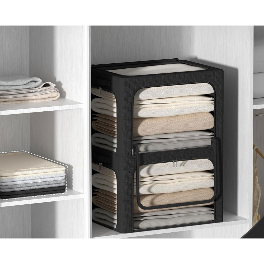 Cutie de depozitare, cu 3 ferestre cu fermoar bidirectional, cadru din otel, impermeabil, 38l, 42 x 30 x 30 cm, negru [2]