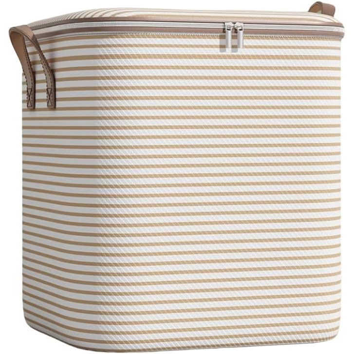 Cutie de depozitare cu fermoar, pliabila, maner ranforsat, fermoar rezistent, pentru haine, paturi, plapume, perne, lenjerii de pat, jucarii, 56x45x56 cm, 150 litri, in dungi, bej [1]