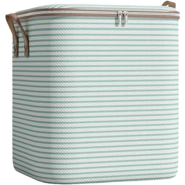 Cutie de depozitare cu fermoar, pliabila, maner ranforsat, fermoar rezistent, pentru haine, paturi, plapume, perne, lenjerii de pat, jucarii, 56x45x56 cm, 150 litri, in dungi, verde [1]