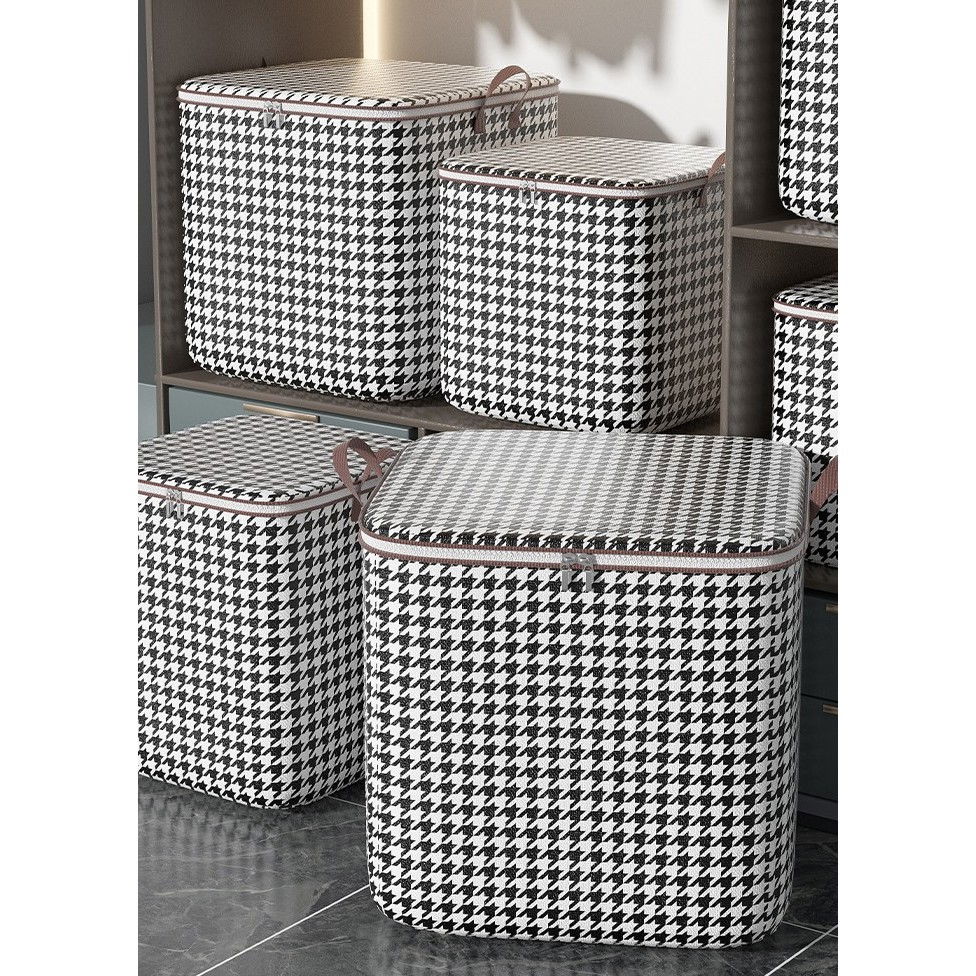 Cutie de depozitare cu fermoar, pliabila, maner ranforsat, fermoar rezistent, pentru haine, paturi, plapumi, perne, lenjerii de pat, jucarii, 40x50x50 cm, 100 litri, in carouri, alb-negru [11]