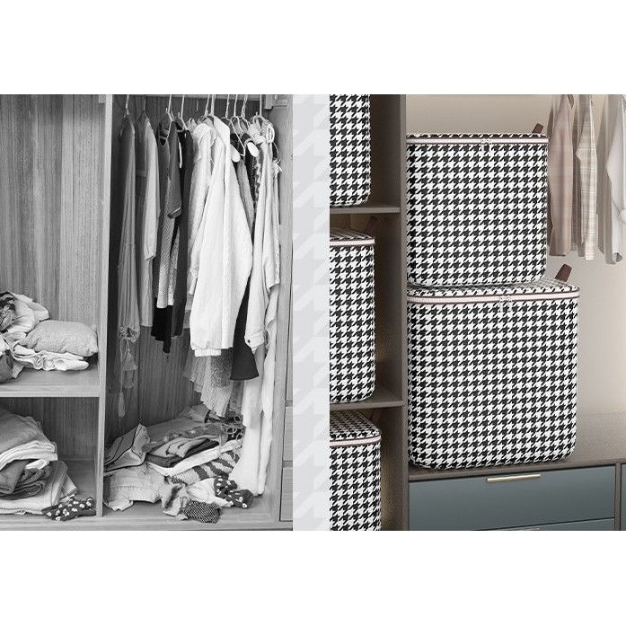 Cutie de depozitare cu fermoar, pliabila, maner ranforsat, fermoar rezistent, pentru haine, paturi, plapumi, perne, lenjerii de pat, jucarii, 56x45x56 cm, 140 litri, in carouri, alb-negru [8]