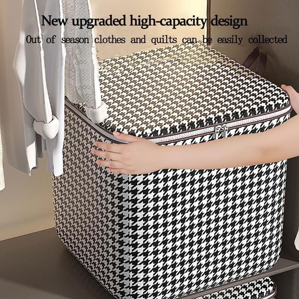 Cutie de depozitare cu fermoar, pliabila, maner ranforsat, fermoar rezistent, pentru haine, paturi, plapumi, perne, lenjerii de pat, jucarii, 56x45x56 cm, 140 litri, in carouri, alb-negru [7]