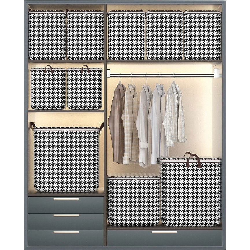 Cutie de depozitare cu fermoar, pliabila, maner ranforsat, fermoar rezistent, pentru haine, paturi, plapumi, perne, lenjerii de pat, jucarii, 80 litri, in carouri, alb-negru [2]