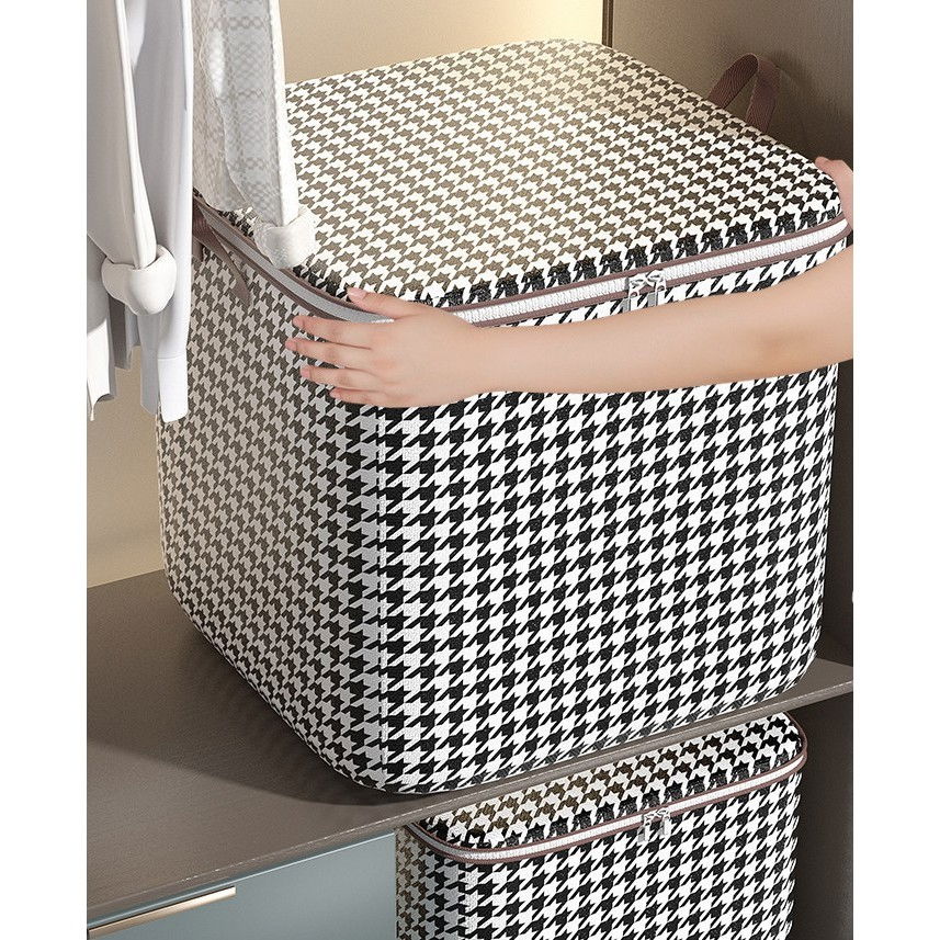 Cutie de depozitare cu fermoar, pliabila, maner ranforsat, fermoar rezistent, pentru haine, paturi, plapumi, perne, lenjerii de pat, jucarii, 80 litri, in carouri, alb-negru [4]