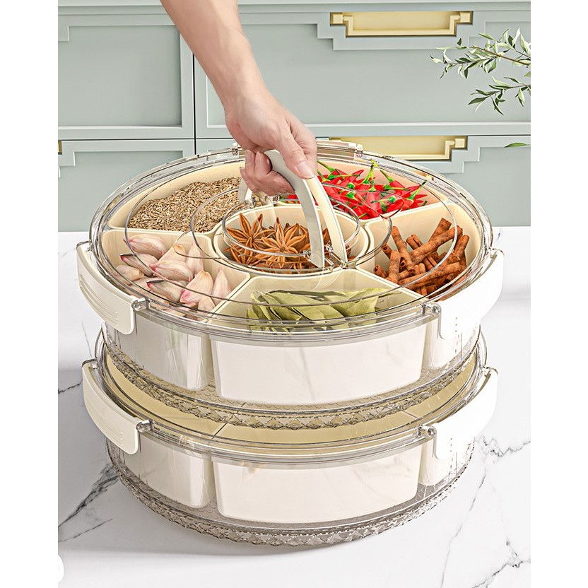 Cutie de depozitare pentru alimente, cu 6 compartimente, pentru condimente, fructe, legume, cu manere de prindere, rotativa 360 de grade, inchidere ermetica, 32x8 cm, alba [13]