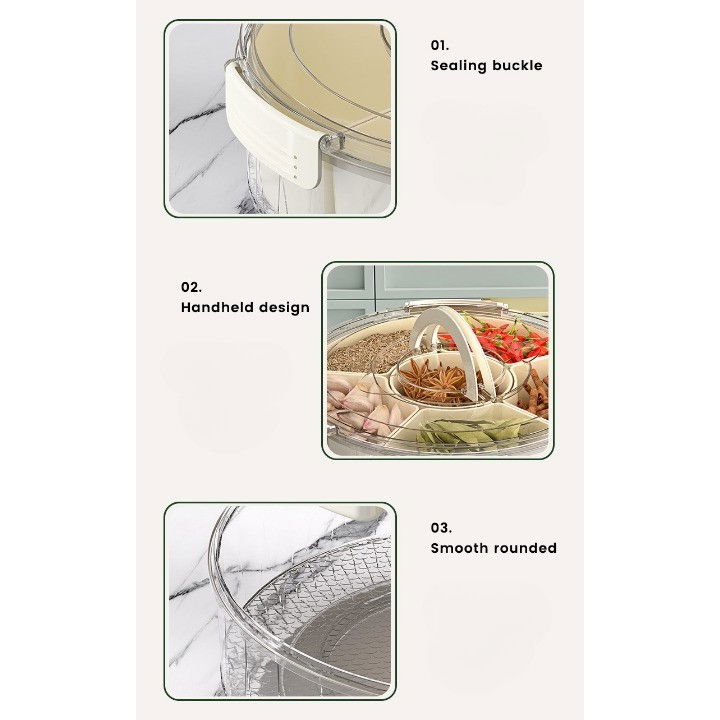 Cutie de depozitare pentru alimente, cu 6 compartimente, pentru condimente, fructe, legume, cu manere de prindere, rotativa 360 de grade, inchidere ermetica, 32x10 cm, alba [4]