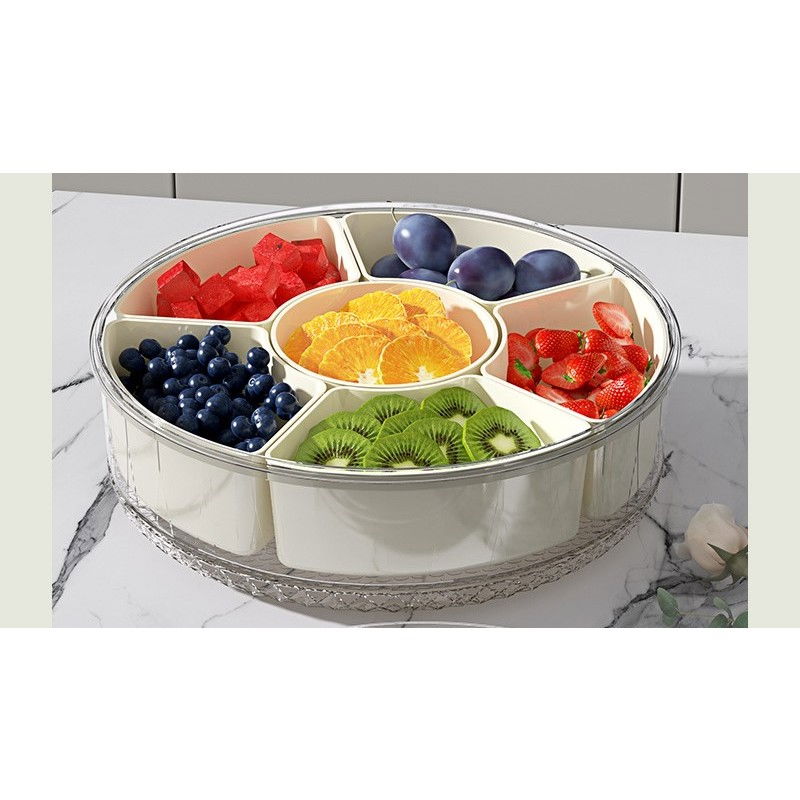 Cutie de depozitare pentru alimente, cu 6 compartimente, pentru condimente, fructe, legume, cu manere de prindere, rotativa 360 de grade, inchidere ermetica, 32x8 cm, alba [6]