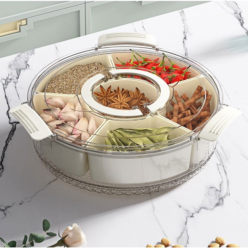 Cutie de depozitare pentru alimente, cu 6 compartimente, pentru condimente, fructe, legume, cu manere de prindere, rotativa 360 de grade, inchidere ermetica, 32x8 cm, alba [11]