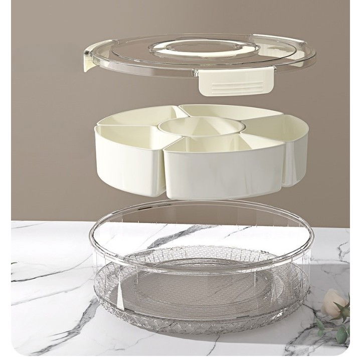 Cutie de depozitare pentru alimente, cu 6 compartimente, pentru condimente, fructe, legume, cu manere de prindere, rotativa 360 de grade, inchidere ermetica, 32x8 cm, alba [5]