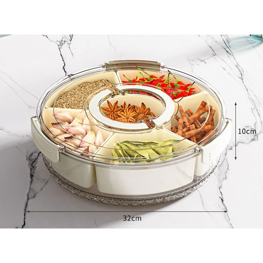 Cutie de depozitare pentru alimente, cu 6 compartimente, pentru condimente, fructe, legume, cu manere de prindere, rotativa 360 de grade, inchidere ermetica, 32x10 cm, alba [3]
