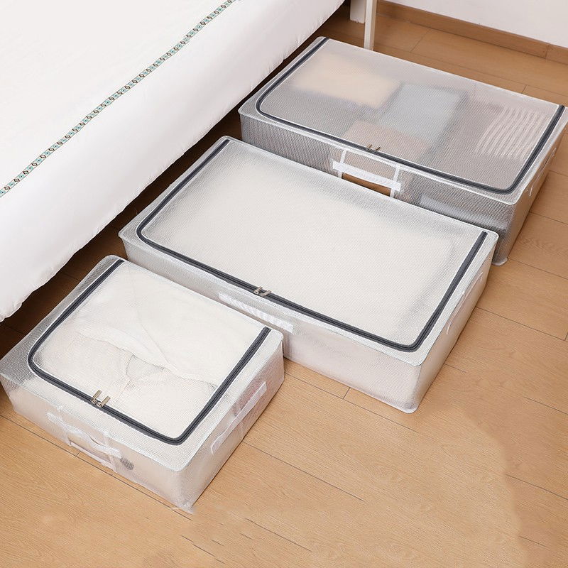 Cutie de depozitare, pentru haine, incaltaminte, din plasa pvc impermeabila si manere laterale, pliabila, fermoar bidirectional, 80 x 47 x 18 cm, transparenta [4]