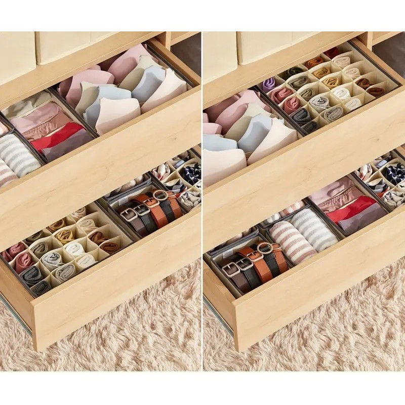 Cutie de depozitare, pentru lenjerie, sosete si sutiene, material textil, 24 compartimente, 32 x 32 x 10 cm, culoare bej [2]