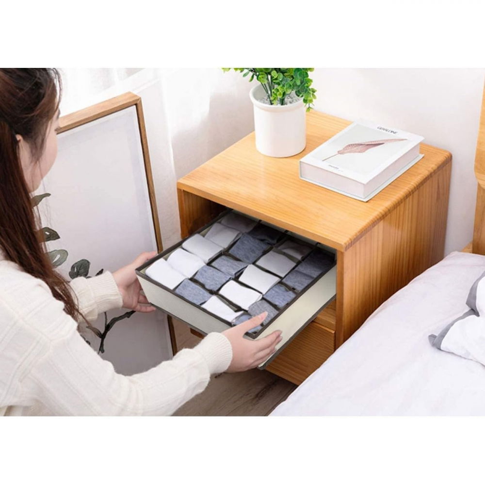 Cutie de depozitare, pentru lenjerie, sosete si sutiene, material textil, 24 compartimente, 32 x 32 x 10 cm, culoare bej [5]