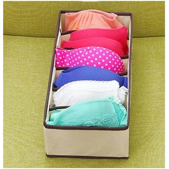 Cutie de depozitare, pentru lenjerie, sosete si sutiene, material textil, 6 compartimente, 32 x 16 x 10 cm, culoare bej [2]