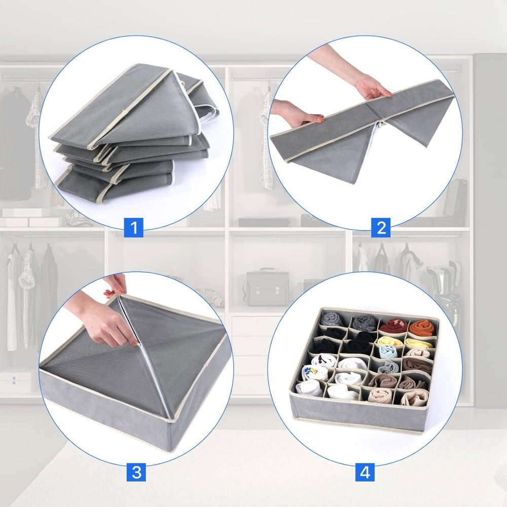 Cutie de depozitare, pentru lenjerie, sosete si sutiene, material textil, 6 compartimente, 32 x 16 x 10 cm, culoare gri [5]