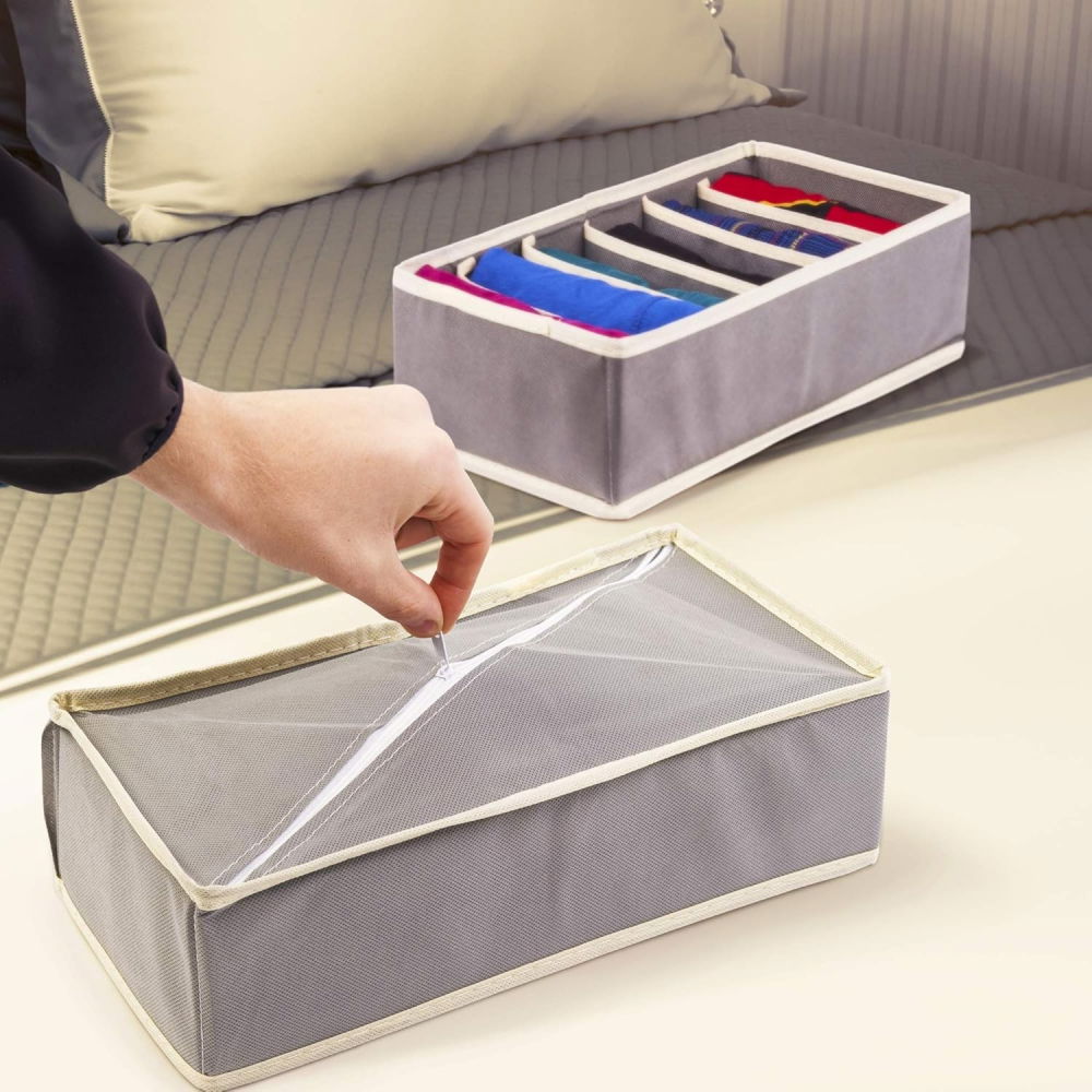 Cutie de depozitare, pentru lenjerie, sosete si sutiene, material textil, 6 compartimente, 32 x 16 x 10 cm, culoare gri [7]