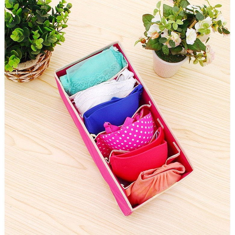 Cutie de depozitare, pentru lenjerie, sosete si sutiene, material textil, 6 compartimente, 32 x 16 x 10 cm, culoare roz [2]