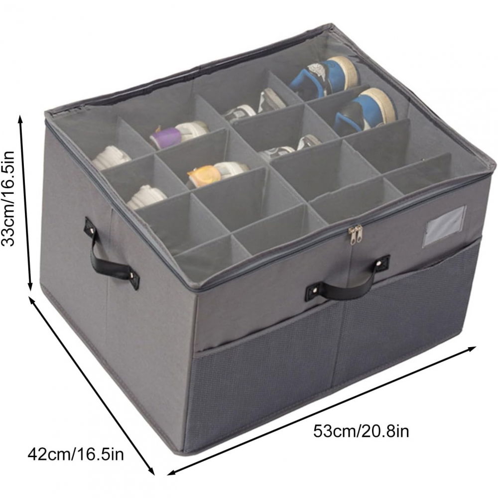 Cutie de depozitare pentru pantofi, flippy, 53x42x33 cm, cu capac transparent si fermoar, din panza oxford, pliabila, gri [3]