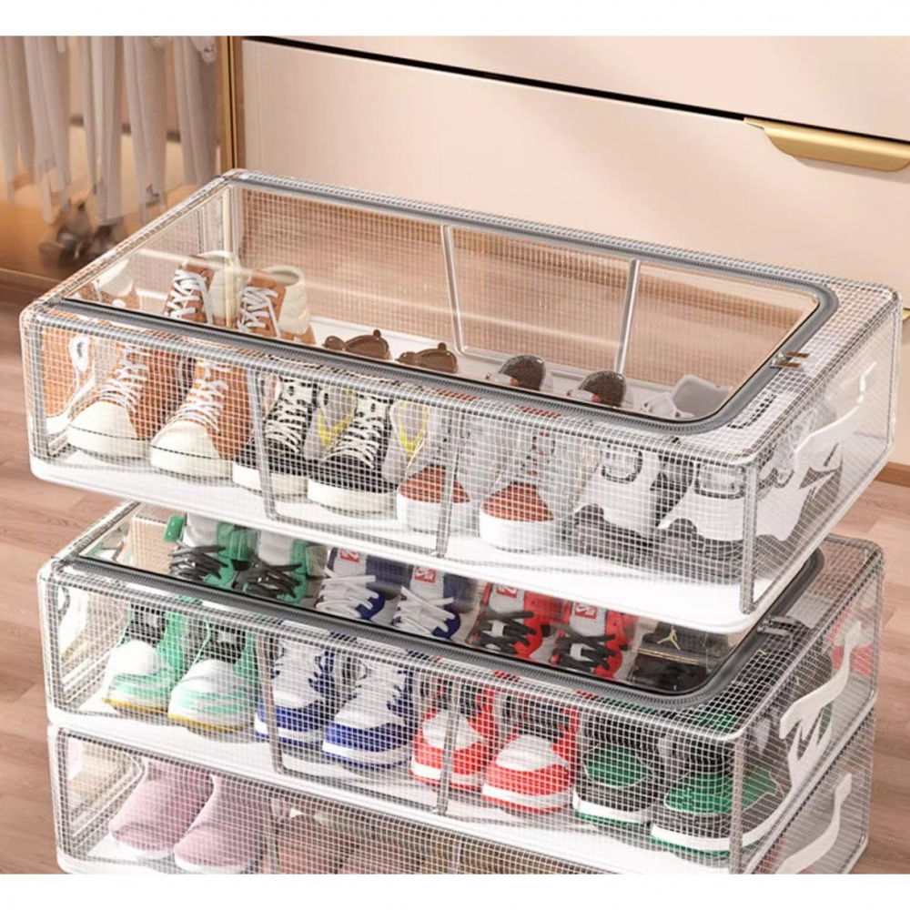 Cutie de depozitare pentru pantofi, flippy, 60*30*21cm , din plasa pvc impermeabila si cadru de otel, pliabila, fermoar bidirectional, transparenta [4]