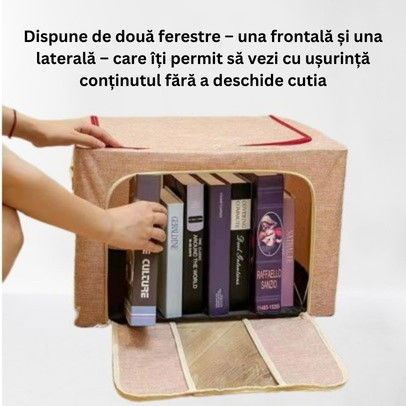 Cutie de depozitare pliabila, 100 l, din bumbac si in, 60x42x40 cm, fereastra frontala, 2 usi de acces cu fermoar bidirectional, cadru metalic, suport baza stabil din plastic, roz pudrat [5]