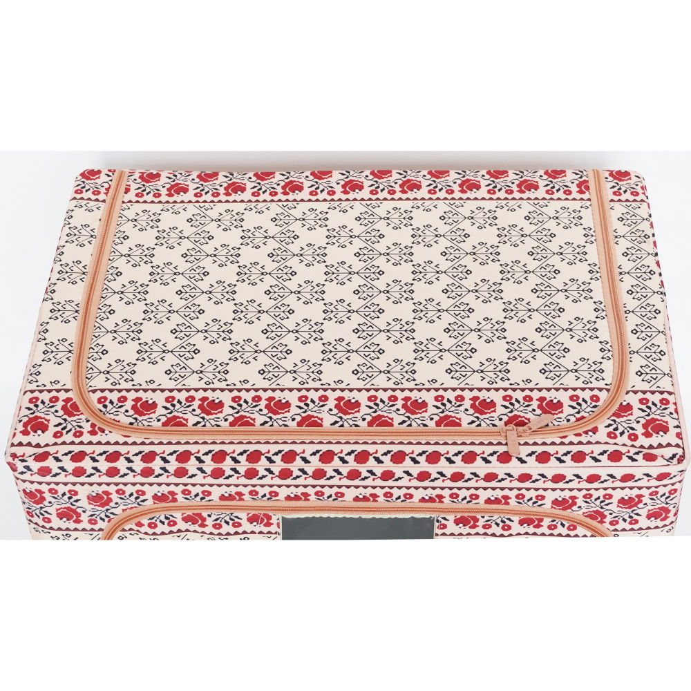 Cutie de depozitare pliabila,100 l din bumbac si in, 60x42x40 cm, fereastra frontala, 2 usi de acces cu fermoar bidirectional, cadru metalic, suport baza stabil din plastic, motiv traditional model 3 [3]