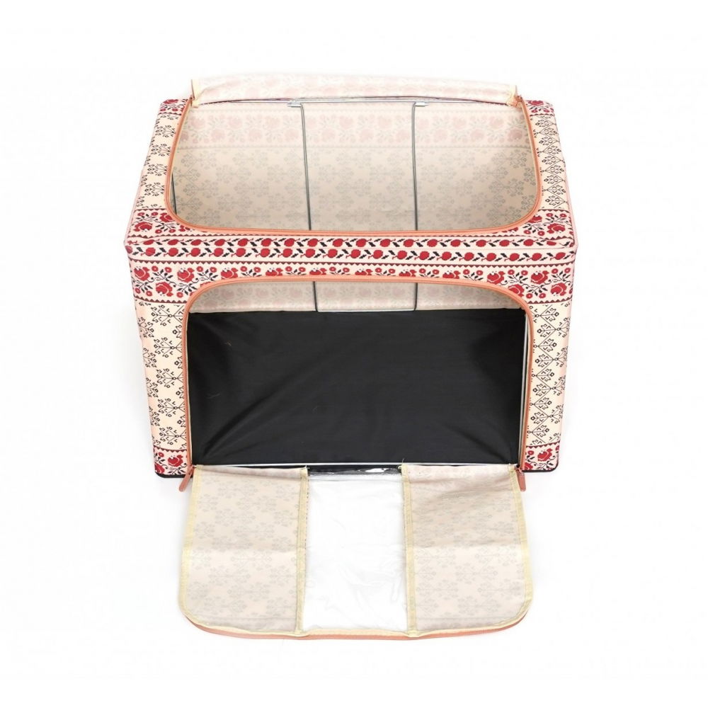 Cutie de depozitare pliabila,100 l din bumbac si in, 60x42x40 cm, fereastra frontala, 2 usi de acces cu fermoar bidirectional, cadru metalic, suport baza stabil din plastic, motiv traditional model 3 [7]