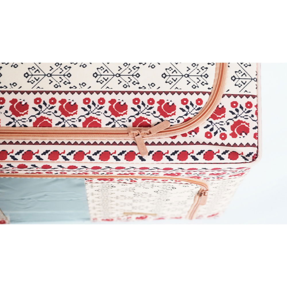 Cutie de depozitare pliabila,100 l din bumbac si in, 60x42x40 cm, fereastra frontala, 2 usi de acces cu fermoar bidirectional, cadru metalic, suport baza stabil din plastic, motiv traditional model 3 [4]